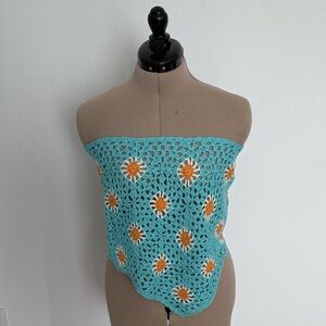 POL Womens Crochet Tube Top Small Teal Blue Floral Design Summer Festival Boho
